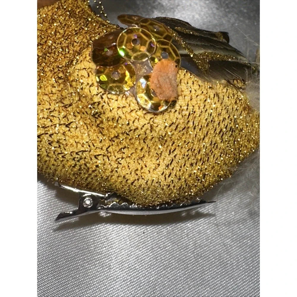 Gold Glitter Peacock Ornament with Real Feathers and Sequins Clip On Decor